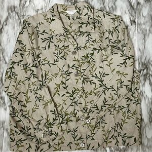 Leaf Patterned Beige Lightweight Jacket Linen Cotton Blend Natural Boho Chic